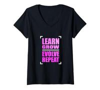 Donna Colore Rosa Learn Grow Evolve Repeat Grafica Rosa Maglietta con Collo a V