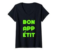 Donna Colore Verde Bon App Etit Grafica Verde Maglietta con Collo a V