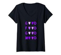 Donna Colore Viola Love Good Food/Grafica Viola Umore Maglietta con Collo a V