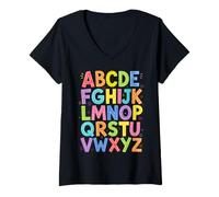 Donna Colorful Alphabet ABC Teacher Classroom Letters Maglietta con Collo a V