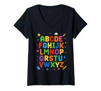 Donna Colorful Alphabet ABC Teacher Classroom Letters Maglietta con Collo a V