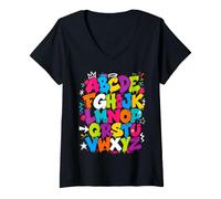 Donna Colorful Alphabet ABC Teacher Classroom Letters Maglietta con Collo a V