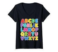 Donna Colorful Alphabet ABC Teacher Classroom Letters Maglietta con Collo a V