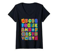 Donna Colorful Alphabet ABC Teacher Classroom Letters Maglietta con Collo a V