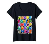 Donna Colorful Alphabet ABC Teacher Classroom Letters Maglietta con Collo a V