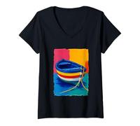 Donna Colorful Barca Spiaggia Tramonto Oceano Vivace Mare costiera Estate Maglietta con Collo a V