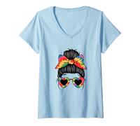 Donna Colorful Bow Heart Glasses Hair Vibes Style Maglietta con Collo a V