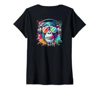 Donna Colorful Cool Monkey Graffiti Cuffie Art Maglietta con Collo a V