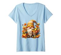 Donna Colorful Fall GNOME in Orange Knitted Sweater Thanksgiving Maglietta con Collo a V