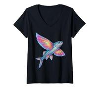 Donna Colorful Flying Fish Abstract Ocean Artwork Marine Creature Maglietta con Collo a V