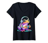 Donna Colorful Frog Gaming con Cuffie Controller Gamer Maglietta con Collo a V
