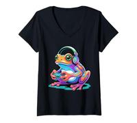 Donna Colorful Frog Gaming con Cuffie Controller Gamer Maglietta con Collo a V