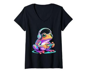Donna Colorful Frog Gaming con Cuffie Controller Gamer Maglietta con Collo a V