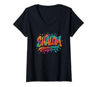 Donna Colorful Graffiti Shalom Camicia Ebraico Israelita Streetwear Maglietta con Collo a V