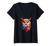 Donna Colorful Owl Art Boho Geometrico Notte Uccello Regalo Maglietta con Collo a V