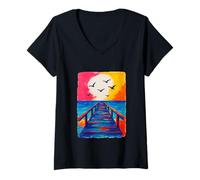 Donna Colorful Pier Birds Tramonto Spiaggia Oceano Vivace Mare Costiera Maglietta con Collo a V