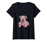 Donna Colorful Pop Art American Pit Bull Terrier Pittie APBT Maglietta con Collo a V
