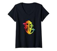 Donna Colorful Rainbow Funghi Psichedelici Micologia Natura Vibe Maglietta con Collo a V