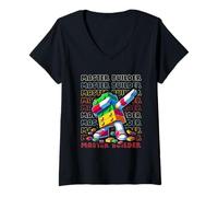 Donna Colorful Retro Master Builder Dabbing Blocks Bricks Builder Maglietta con Collo a V