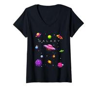 Donna Colorful Space Planets Galaxy Graphic Design Shot Sleeve Maglietta con Collo a V