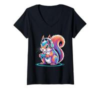 Donna Colorful Squirrel Gaming con Cuffie Controller Gamer Maglietta con Collo a V