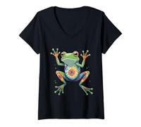 Donna Colorful Tie-Dye Frog Leaping Art for Kids & Nature Lovers Maglietta con Collo a V