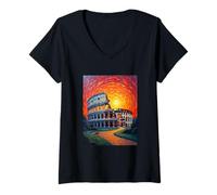 Donna Colosseo Roma Arte in Grassetto Stile Tramonto Van Gogh Maglietta con Collo a V