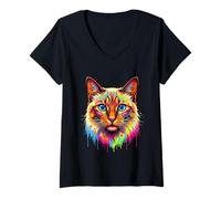 Donna Colourful Siamese Cat Head in Vivid Shades Artistic Designed Maglietta con Collo a V
