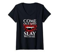 Donna Come out And Slay with Me Funny Vampire Fangs Citazione Maglietta con Collo a V