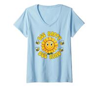 Donna Common Sunflower Inspirational Motivation Bee Happy Bee Kind Maglietta con Collo a V