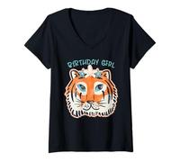 Donna Compleanno Tiger Girl Face Flower Crown Cute Predatory Cat Maglietta con Collo a V