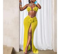 Donna Completo corto a 2 pezzi con top halter decorato con fiori 3D e gonna mini con spacco L,M,S,XLColore unicoTessuto in maglia