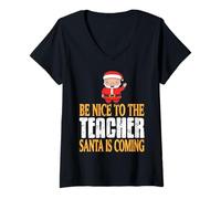 Donna Comportati Bene Prof Babbo Natale osserva Scherzo Maglietta con Collo a V