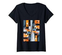 Donna Composizione Geometrica Astratta Arancione Blu Arte Moderna Maglietta con Collo a V