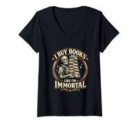 Donna Compro Libri Come se Fossi immortale Funny Skeleton Bookworms Maglietta con Collo a V