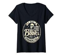 Donna Compro Libri Come se Fossi immortale Skeleton Reading Bookworm Maglietta con Collo a V