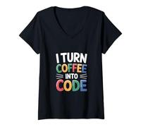 Donna Computer "Trasformo il caffè in codice" Nerd Maglietta con Collo a V