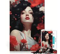 Donna con capelli scuri e fiori rossi Puzzle da 1000 pezzi per adolescenti Gioco di apprendimento cognitivo Zero Gap Perfetto incastro Compatto Divertimento per il tempo di gioco in famiglia (38x26cm)