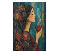 Donna con tazza da tè Puzzle 1000 Pezzi in Legno, Sfida di Montaggio | Capelli a mosaico, Gioiello bizantino, Motivo Intricato, Scena Decorativa, Struttura in Legno, Rompicapo, Gioco Familiare