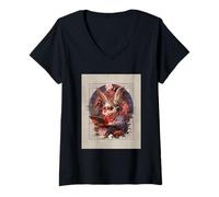 Donna Coniglietto con Computer Portatile Surreale Animal Art Retro Collage Maglietta con Collo a V