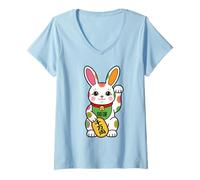 Donna Coniglietto Giapponese Pop Art Fortune Rabbit Maneki Neko Maglietta con Collo a V