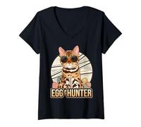Donna Coniglietto Pasquale Bengala Egg Hunter Cat Lover Maglietta con Collo a V