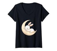 Donna Coniglio Addormentato sulla Luna Crescente Maglietta con Collo a V