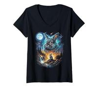 Donna Coniglio Che Ulula alla Luna Vintage Bunny Art Maglietta con Collo a V