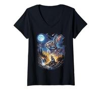 Donna Coniglio Che Ulula alla Luna Vintage Lepre Maglietta con Collo a V