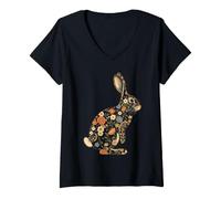 Donna Coniglio Floreale Botanico Bunny Amante Animali Maglietta con Collo a V