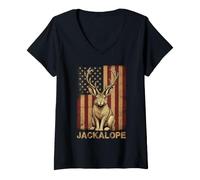 Donna Coniglio Jackalope con Corna Bandiera Americana Maglietta con Collo a V
