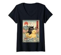 Donna Coniglio Ninja Giappone Vintage Giapponese Ukiyo-e Art Maglietta con Collo a V