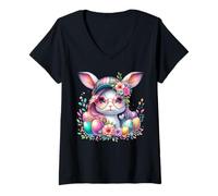 Donna Coniglio Pasquale Con Occhiali Cuore Fiore Maglietta con Collo a V