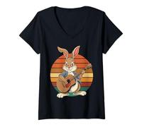 Donna Coniglio Suonare Chitarra Vintage Chitarra Retro Rock Gu Maglietta con Collo a V